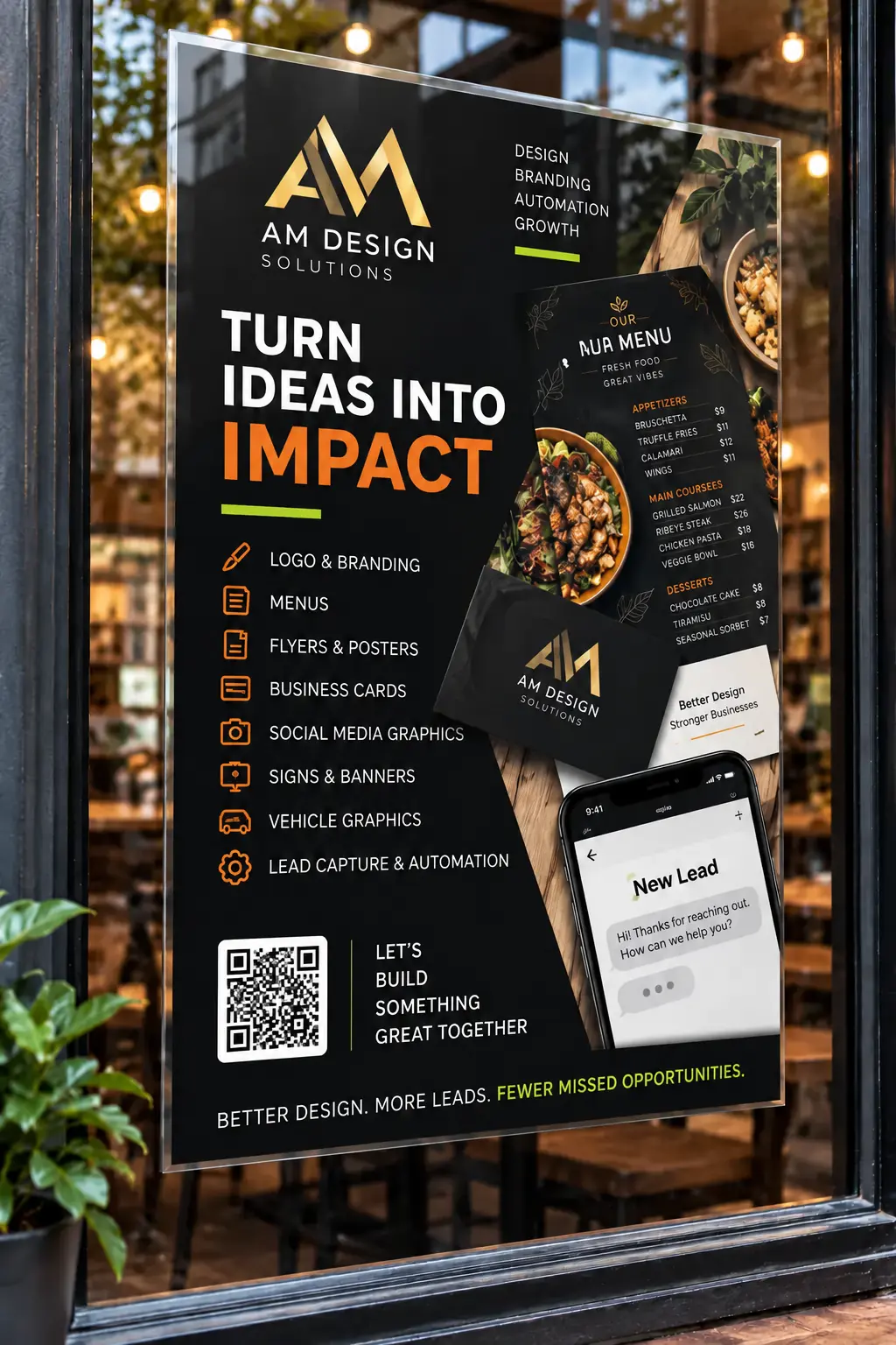 Concept AM Design Solutions promotional poster mounted in a storefront window